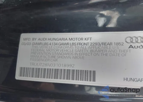 2003 Audi Tt 1.8L z USA, uszkodzony, nr VIN TRUUT28N031018992